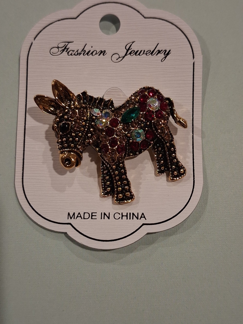 Fashion Jewelry Gold-Tone Donkey Brooch with Red, Green and Clear Accents
